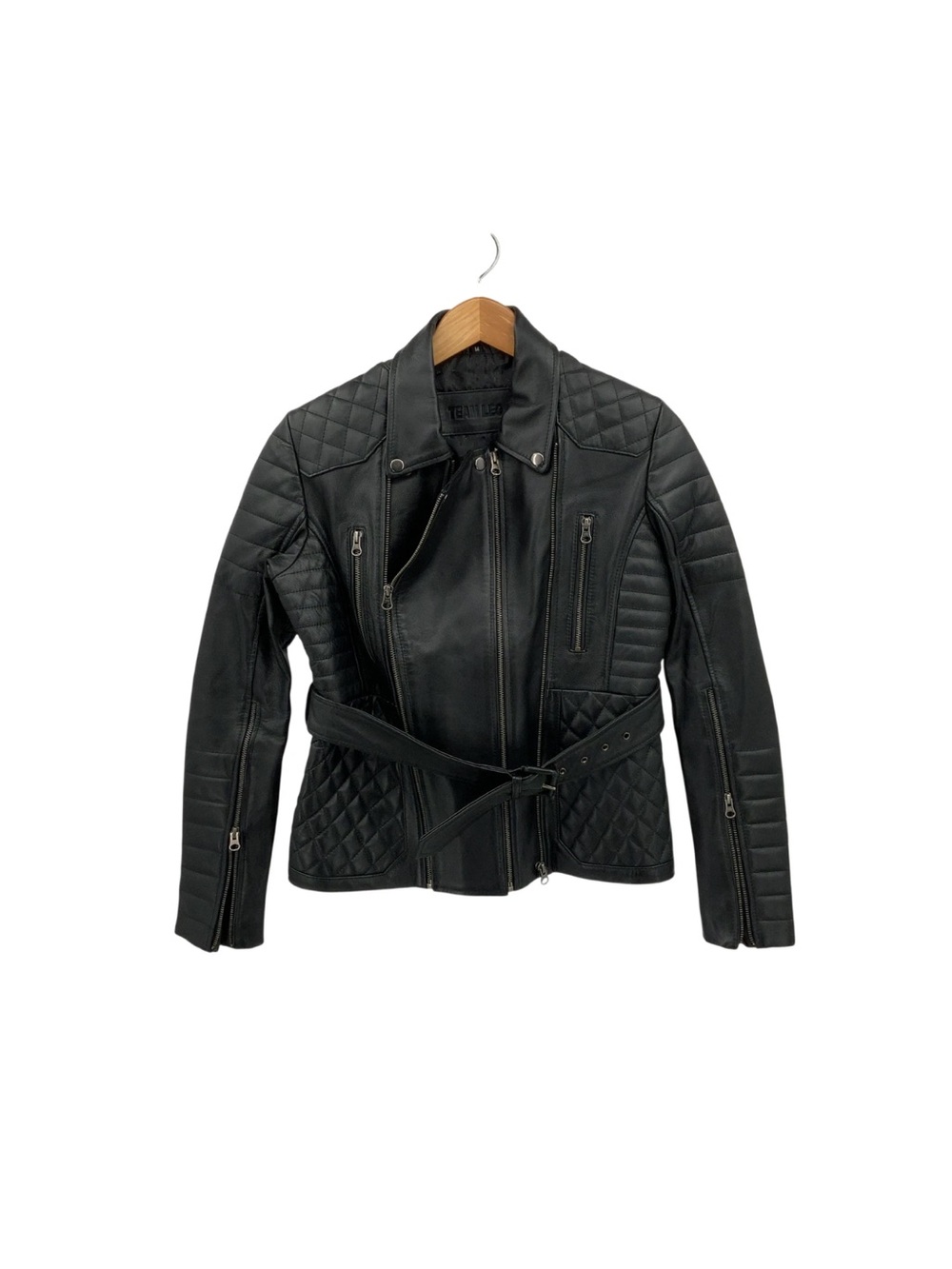 Team Leo Black Quilted Leather Moto Jacket with Belt